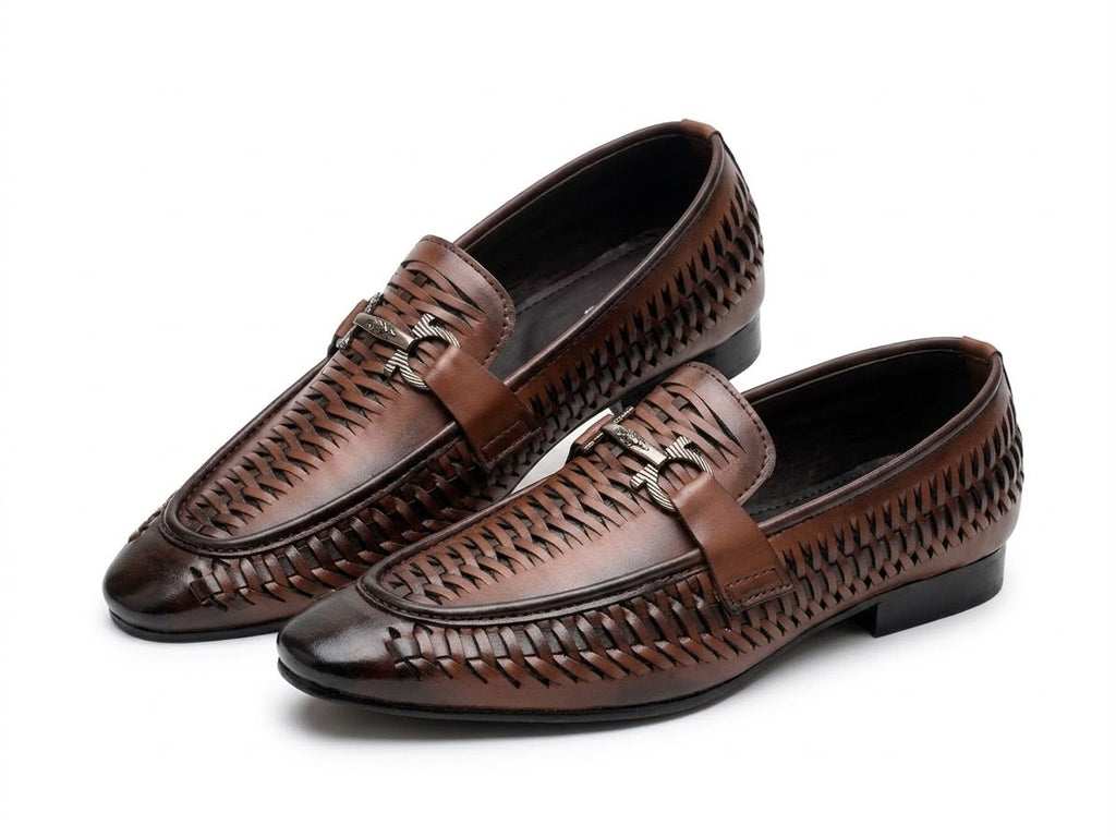Handwoven Burnished Brown Leather Loafers with Antique Gold Bit Buckle – Modern Dandy Series