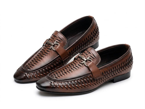 Handwoven Burnished Brown Leather Loafers with Antique Gold Bit Buckle – Modern Dandy Series