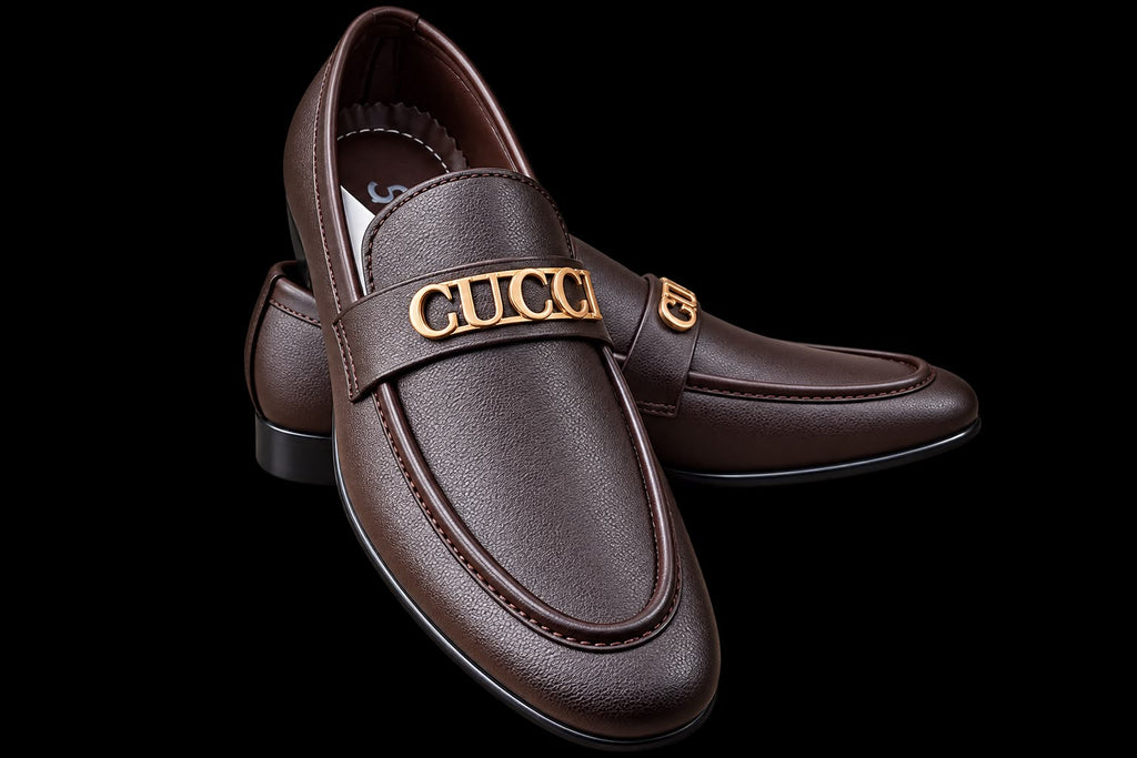 Premium Men’s Brown Leather Loafers with Gold Buckle – Elegant Slip-On Dress Shoes