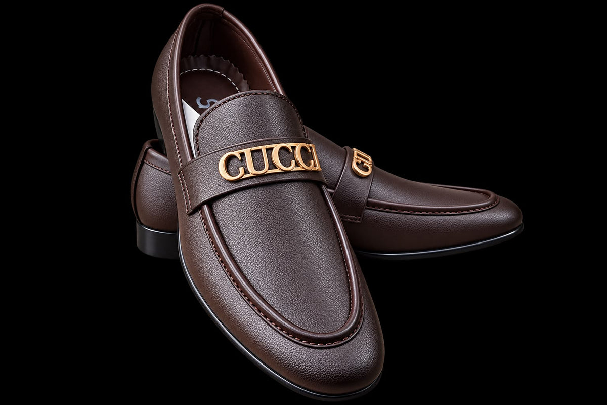 Premium Men’s Brown Leather Loafers with Gold Buckle – Elegant Slip-On Dress Shoes